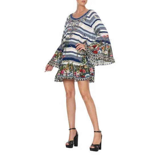 Camilla A-Line Frill Mini Dress Womens XS Blue Silk Floral Stripe Long Sleeve - Picture 2 of 14